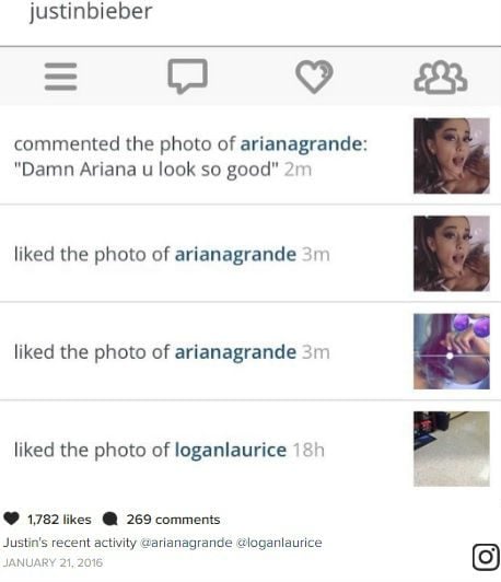 justin bieber flirts with ariana grande on instagram