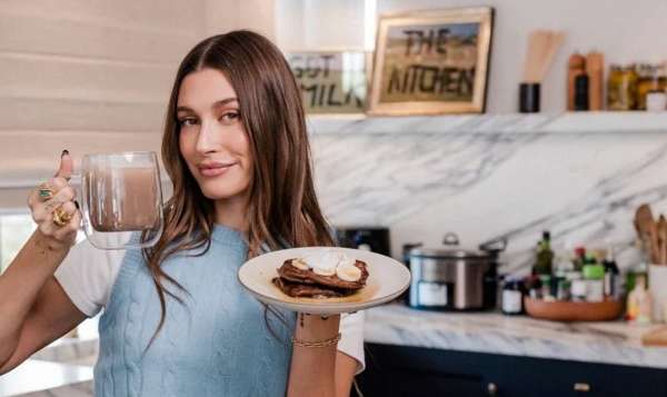 hailey bieber chocolate chip pancakes and coffee