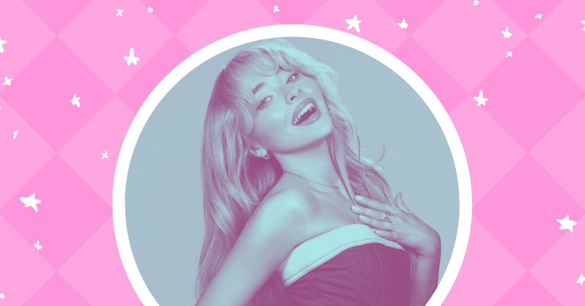 sabrina carpenter famous on pink stars background