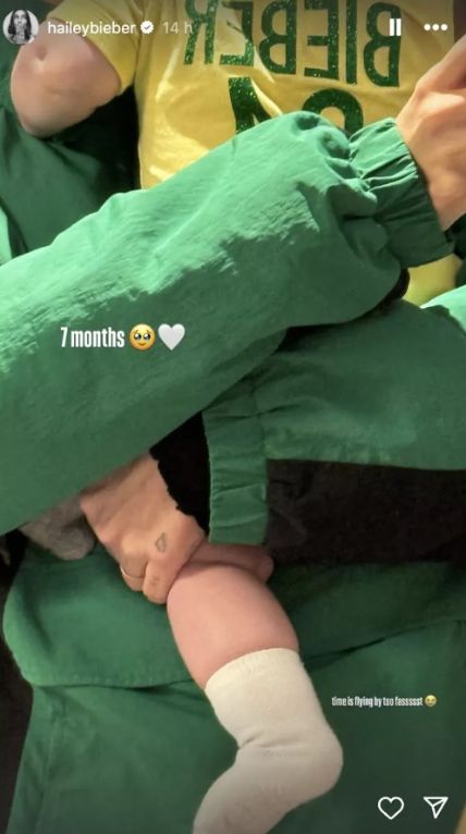 hailey bieber hugs her son jack as he turns 7 months old