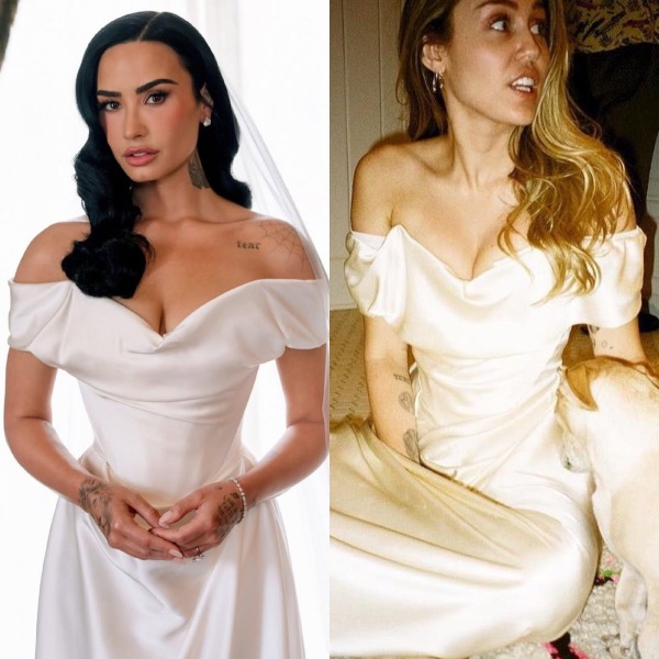 demi lovato miley cyrus wearing similar wedding dress