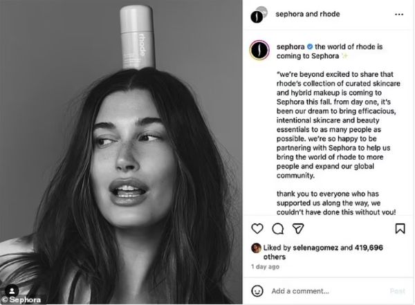 selena gomez likes sephora's post about rhode