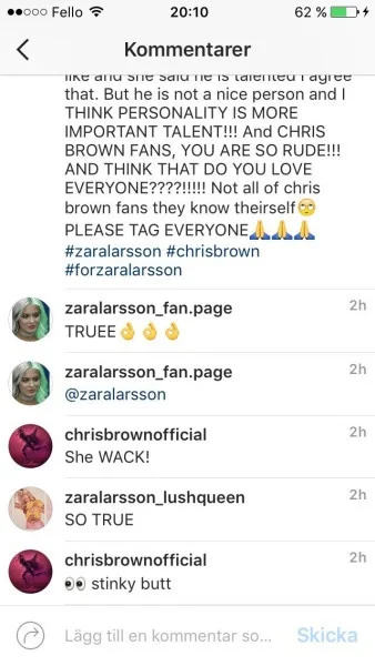 chris brown comments zara larsson